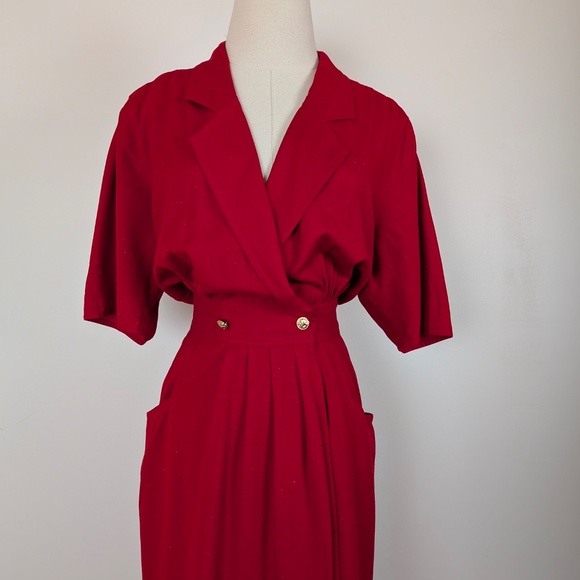 80s Rouie Raw Silk Dress Midi Wrap Asymmetrical Collar Double Breasted Vintage - Picture 7 of 15